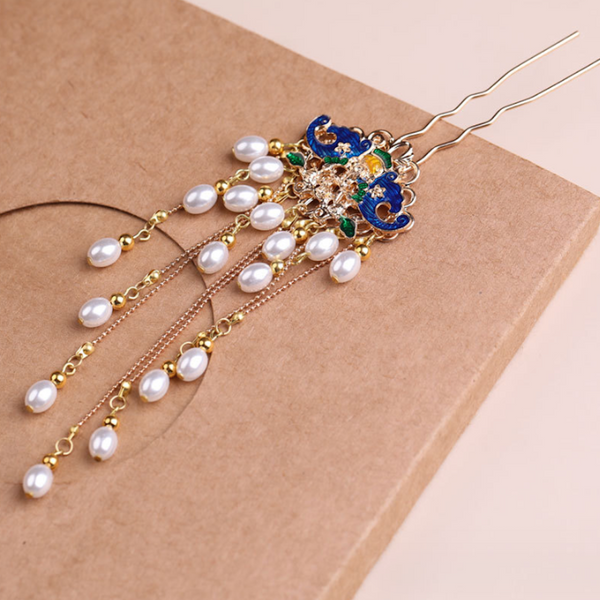 Vintage Blue Flower U Shape Hair Stick Minimalist Tassels Hair Stick Hair Holder