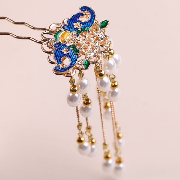 Vintage Blue Flower U Shape Hair Stick Minimalist Tassels Hair Stick Hair Holder
