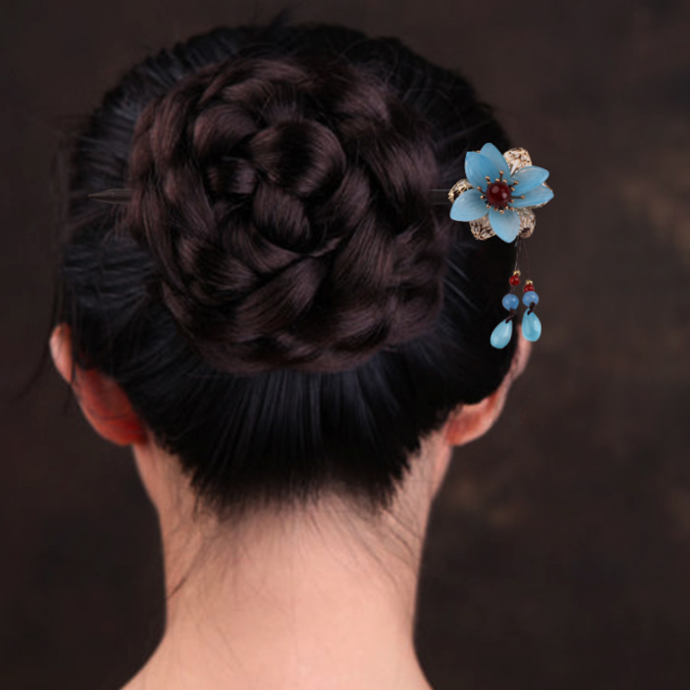 Vintage Blue Lotus Flower Wood Hair Stick Minimalist Tassels Hair Stick Hair Holder - Zealer