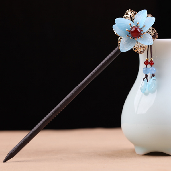 Vintage Blue Lotus Flower Wood Hair Stick Minimalist Tassels Hair Stick Hair Holder