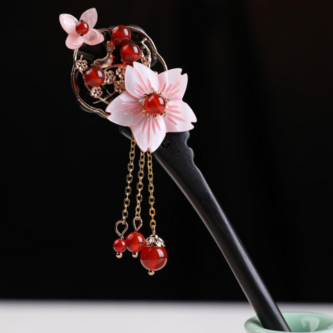 Vintage Pink Flower Wood Hair Stick Minimalist Tassels Hair Stick Hair Holder