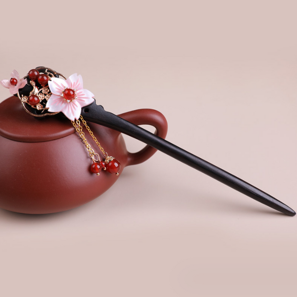 Vintage Pink Flower Wood Hair Stick Minimalist Tassels Hair Stick Hair Holder