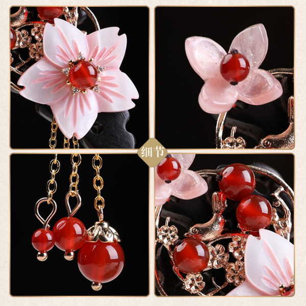 Vintage Pink Flower Wood Hair Stick Minimalist Tassels Hair Stick Hair Holder