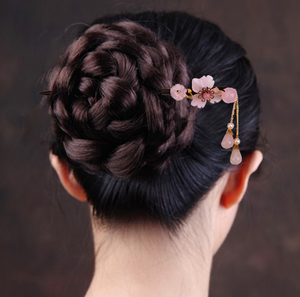 Vintage Pink Jade Flower Wood Hair Stick Minimalist Tassels Hair Stick Hair Holder - Zealer