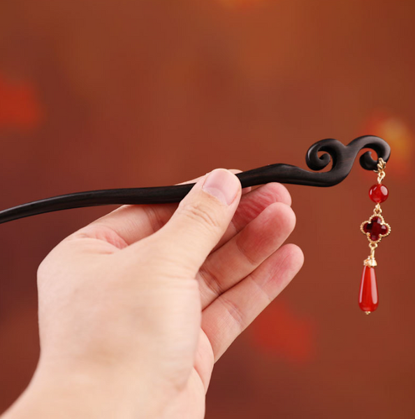 Vintage Red Agate Clover Wood Hair Stick Minimalist Tassels Hair Stick Hair Holder