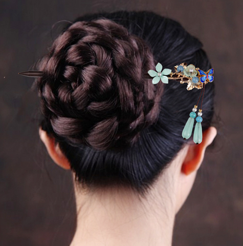 Vintage Green Jade Butterfly Wood Hair Stick Minimalist Tassels Hair Stick Hair Holder