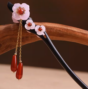 Vintage Pink Flower Agate Wood Hair Stick Minimalist Tassels Hair Stick Hair Holder - Zealer