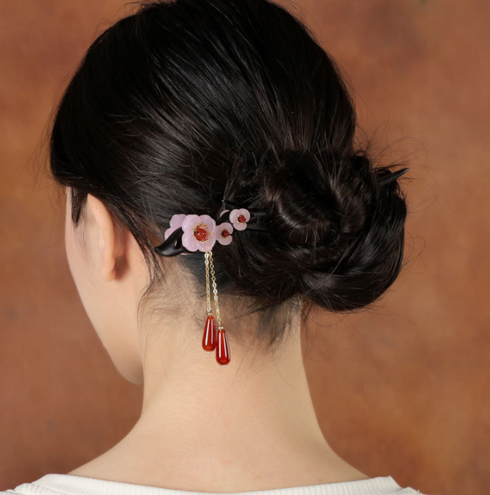 Vintage Pink Flower Agate Wood Hair Stick Minimalist Tassels Hair Stick Hair Holder - Zealer