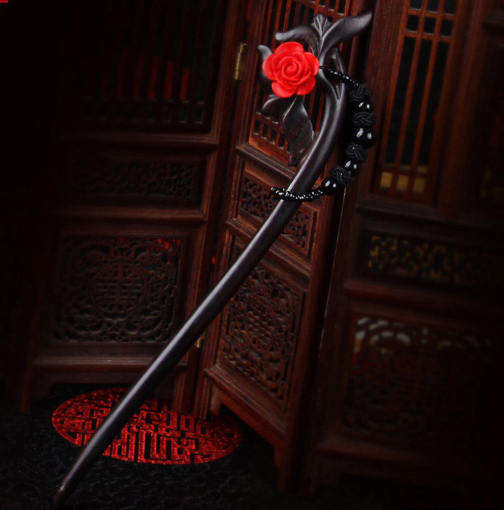Vintage Red Rose Flower Wood Hair Stick Minimalist Tassels Hair Stick Hair Holder
