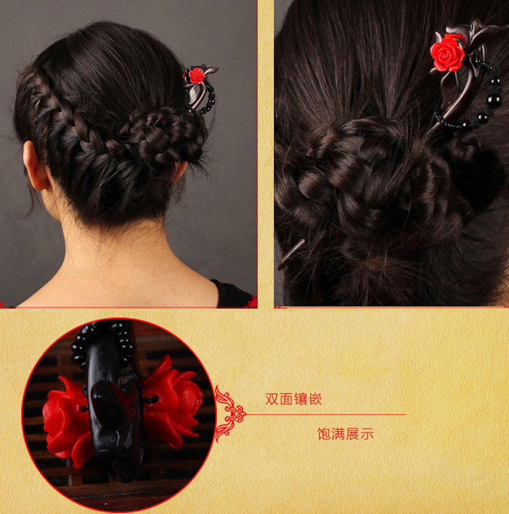 Vintage Red Rose Flower Wood Hair Stick Minimalist Tassels Hair Stick Hair Holder - Zealer