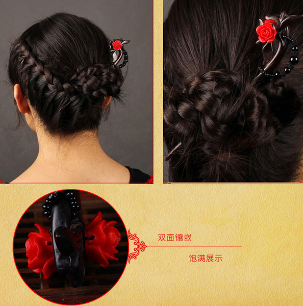 Vintage Red Rose Flower Wood Hair Stick Minimalist Tassels Hair Stick Hair Holder