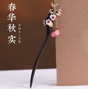 Vintage Pink Flower Agate Wood Hair Stick Minimalist Tassels Hair Stick Hair Holder - Zealer