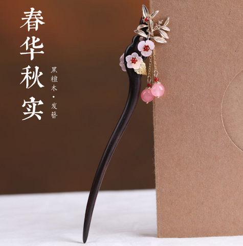 Vintage Pink Flower Agate Wood Hair Stick Minimalist Tassels Hair Stick Hair Holder