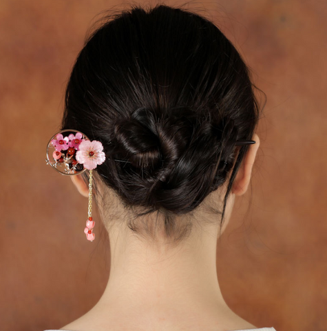 Vintage Pink Flower Agate Wood Hair Stick Minimalist Tassels Hair Stick Hair Holder