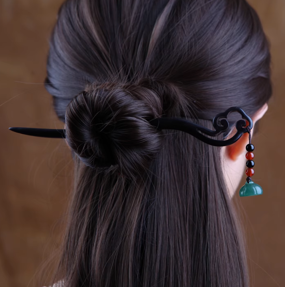 Vintage Green / White Jade Bowl Wood Hair Stick Minimalist Tassels Hair Stick Hair Holder
