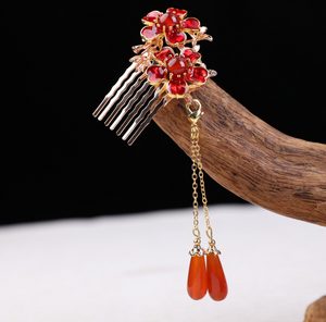 Vintage Red Flower Comb Shape Hair Stick Minimalist Tassels Hair Stick Hair Holder - Zealer