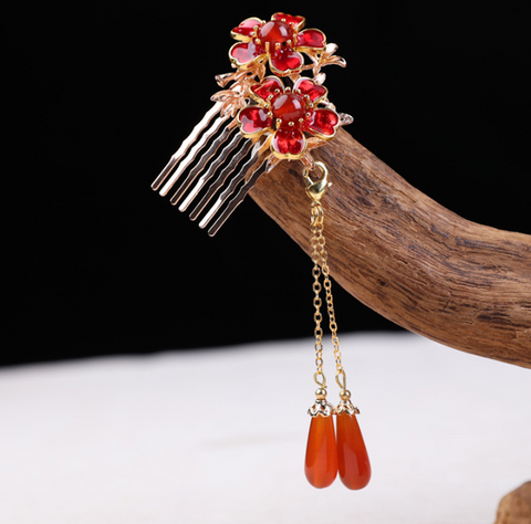 Vintage Red Flower Comb Shape Hair Stick Minimalist Tassels Hair Stick Hair Holder
