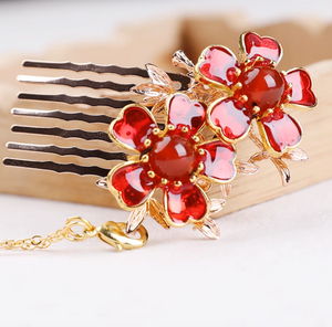 Vintage Red Flower Comb Shape Hair Stick Minimalist Tassels Hair Stick Hair Holder - Zealer