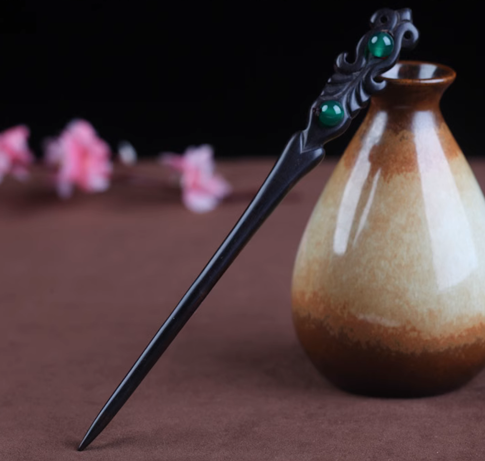 Vintage Two Side Red / Green Jade Ebony Wood Hair Stick Minimalist Hair Stick Hair Holder