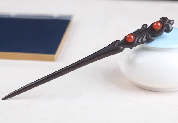Vintage Two Side Red / Green Jade Ebony Wood Hair Stick Minimalist Hair Stick Hair Holder
