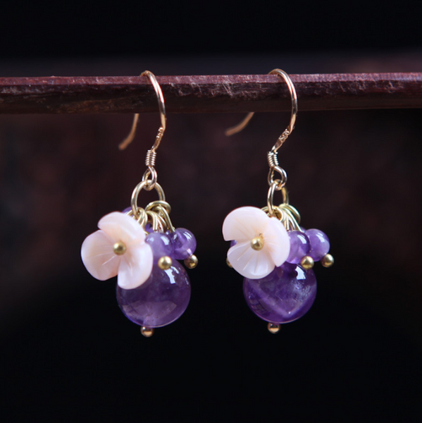 Vintage Purple Crystal Earrings Flower Long Dangle Earrings