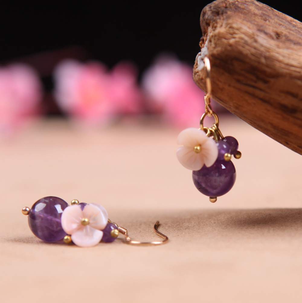 Vintage Purple Crystal Earrings Flower Long Dangle Earrings - Zealer