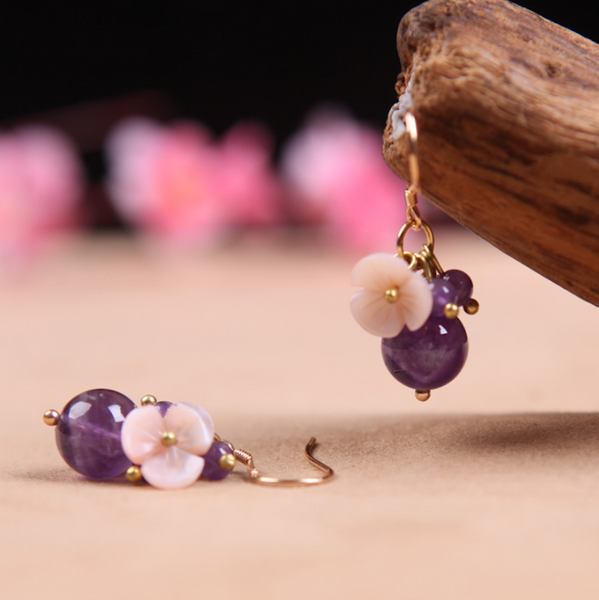 Vintage Purple Crystal Earrings Flower Long Dangle Earrings