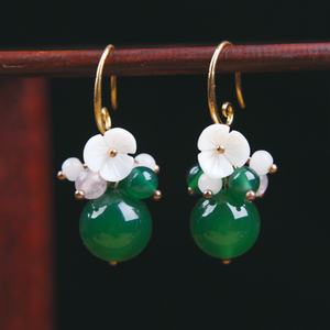 Vintage Green Jade Earrings Flower Long Dangle Earrings