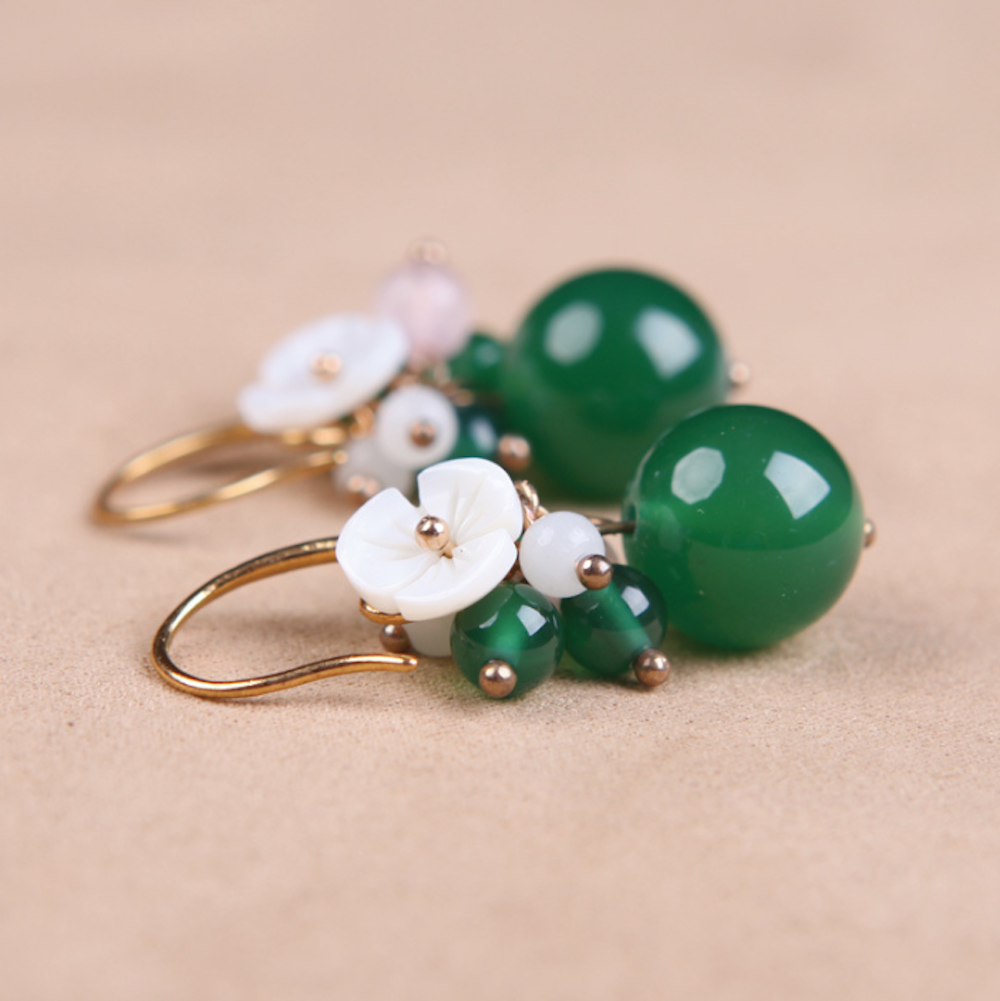 Vintage Green Jade Earrings Flower Long Dangle Earrings - Zealer