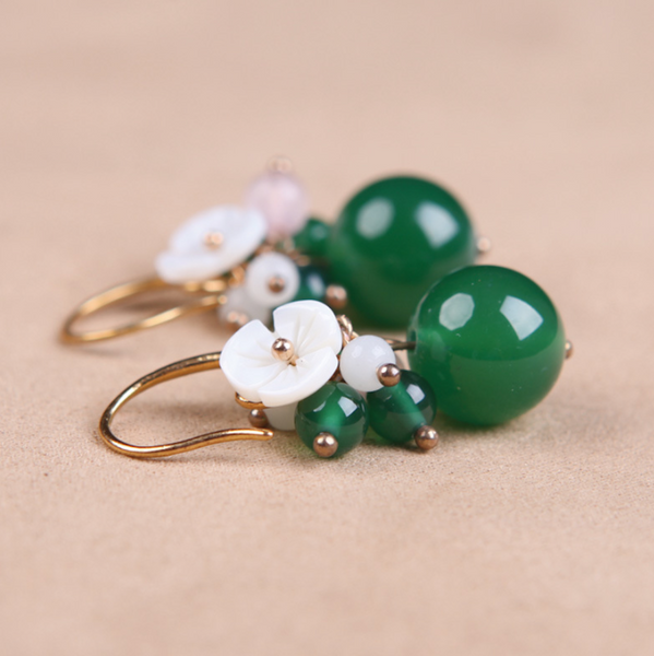 Vintage Green Jade Earrings Flower Long Dangle Earrings