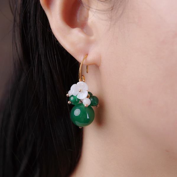 Vintage Green Jade Earrings Flower Long Dangle Earrings