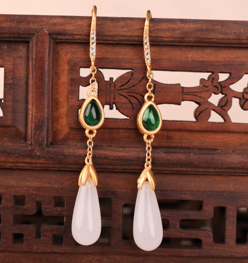 Vintage White Jade Earrings Water Drop Long Dangle Earrings - Zealer
