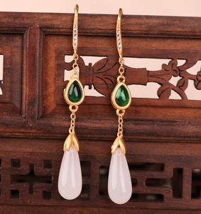Vintage White Jade Earrings Water Drop Long Dangle Earrings