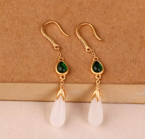 Vintage White Jade Earrings Water Drop Long Dangle Earrings