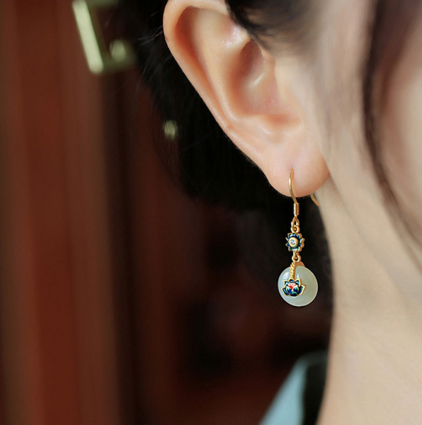Vintage White Jade Earrings Safety Knot Long Dangle Earrings