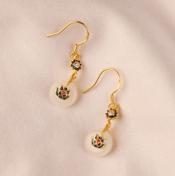 Vintage White Jade Earrings Safety Knot Long Dangle Earrings