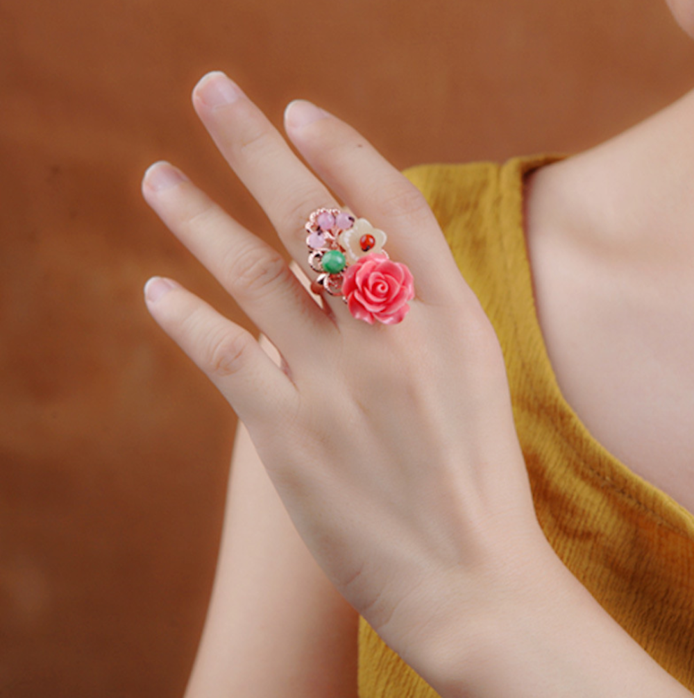Vintage Ring Pink Rose Flower Ring Jade Ring Palace Ring - Zealer