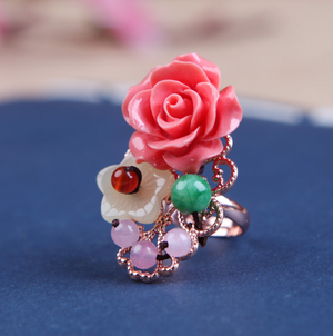 Vintage Ring Pink Rose Flower Ring Jade Ring Palace Ring - Zealer