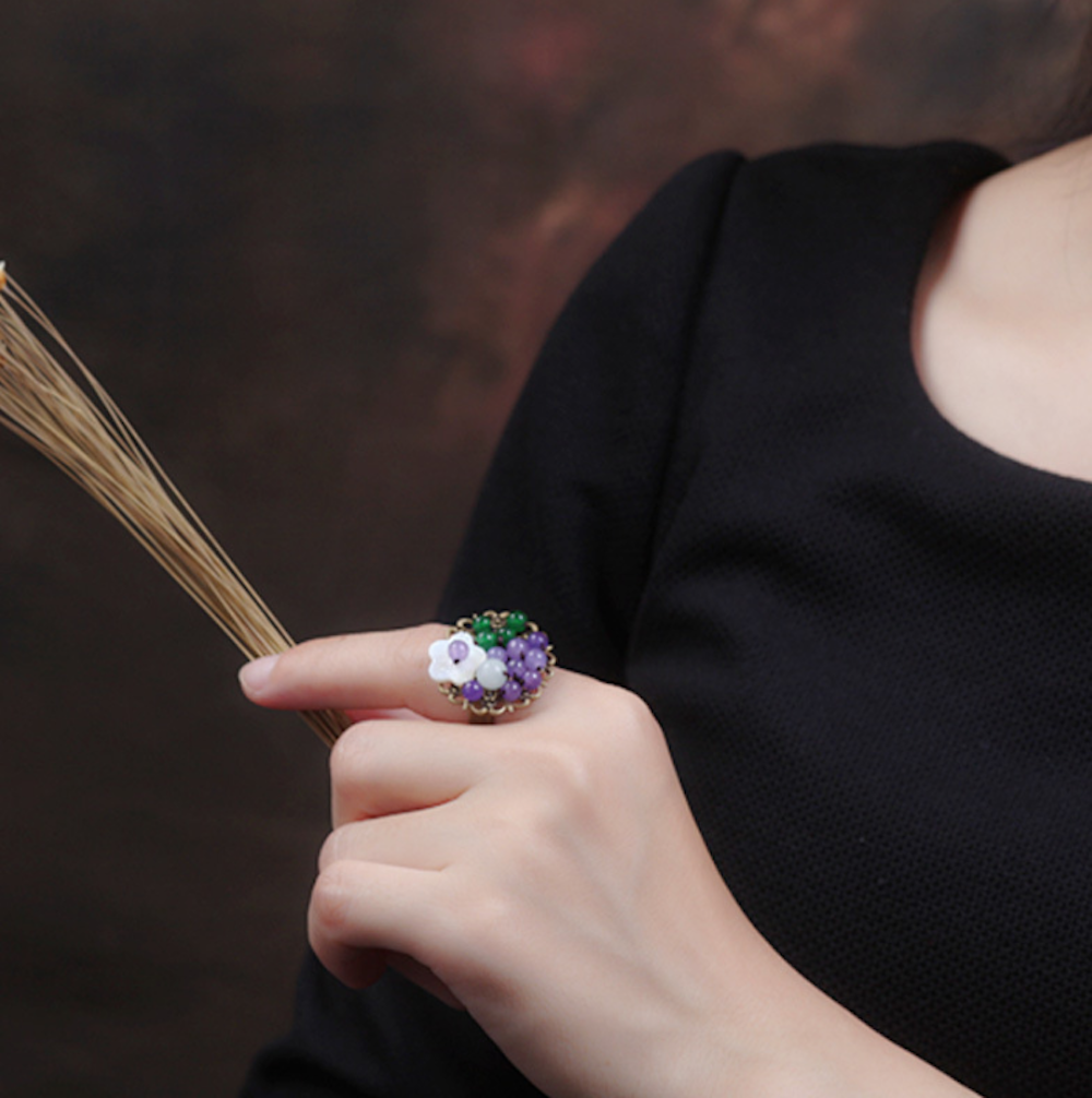 Vintage Ring White Flower Ring Purple + Green Jade Ring Palace Ring - Zealer
