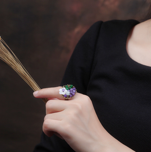 Vintage Ring White Flower Ring Purple + Green Jade Ring Palace Ring