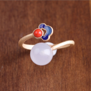 Vintage Ring Minimalist Bead Ring White Jade Ring Palace Ring - Zealer