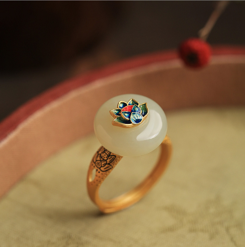 Vintage Lotus Ring Minimalist Bead Ring White Jade Ring Palace Ring - Zealer