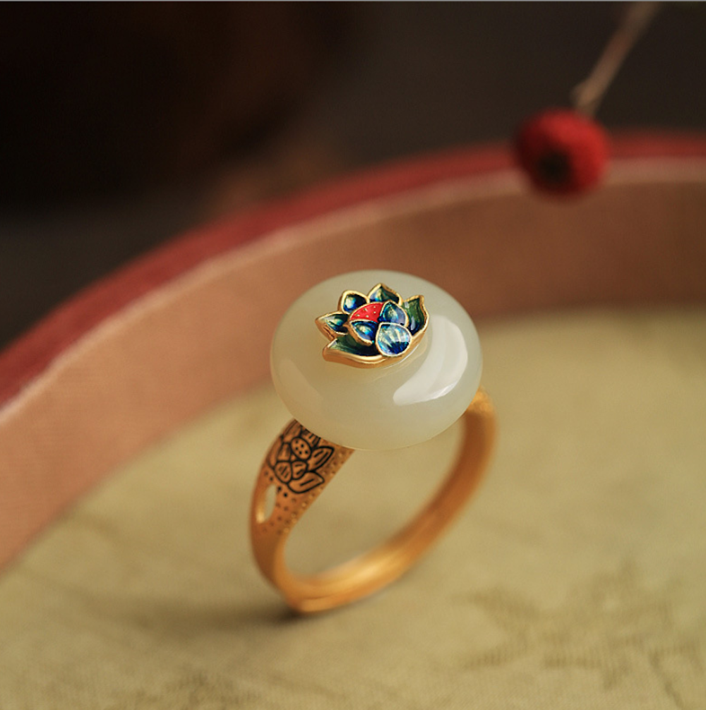 Vintage Lotus Ring Minimalist Bead Ring White Jade Ring Palace Ring