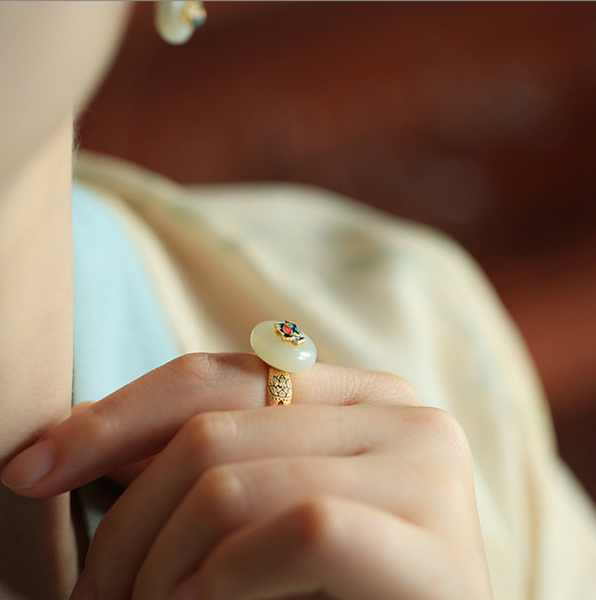 Vintage Lotus Ring Minimalist Bead Ring White Jade Ring Palace Ring