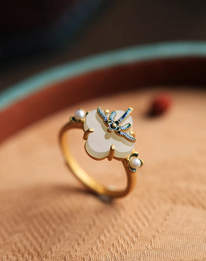 Vintage Clover Ring Minimalist Bead Ring White Jade Ring Palace Ring - Zealer