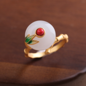 Vintage Baboo Leaves Ring Minimalist Bead Ring White Jade Ring Palace Ring - Zealer