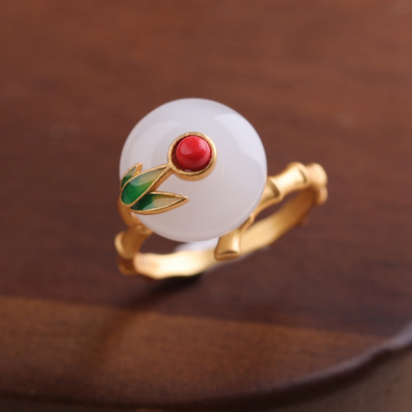 Vintage Baboo Leaves Ring Minimalist Bead Ring White Jade Ring Palace Ring