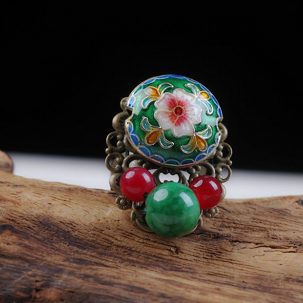 Vintage Ring Blue / Green Flower Ring Jade Ring Palace Ring - Zealer