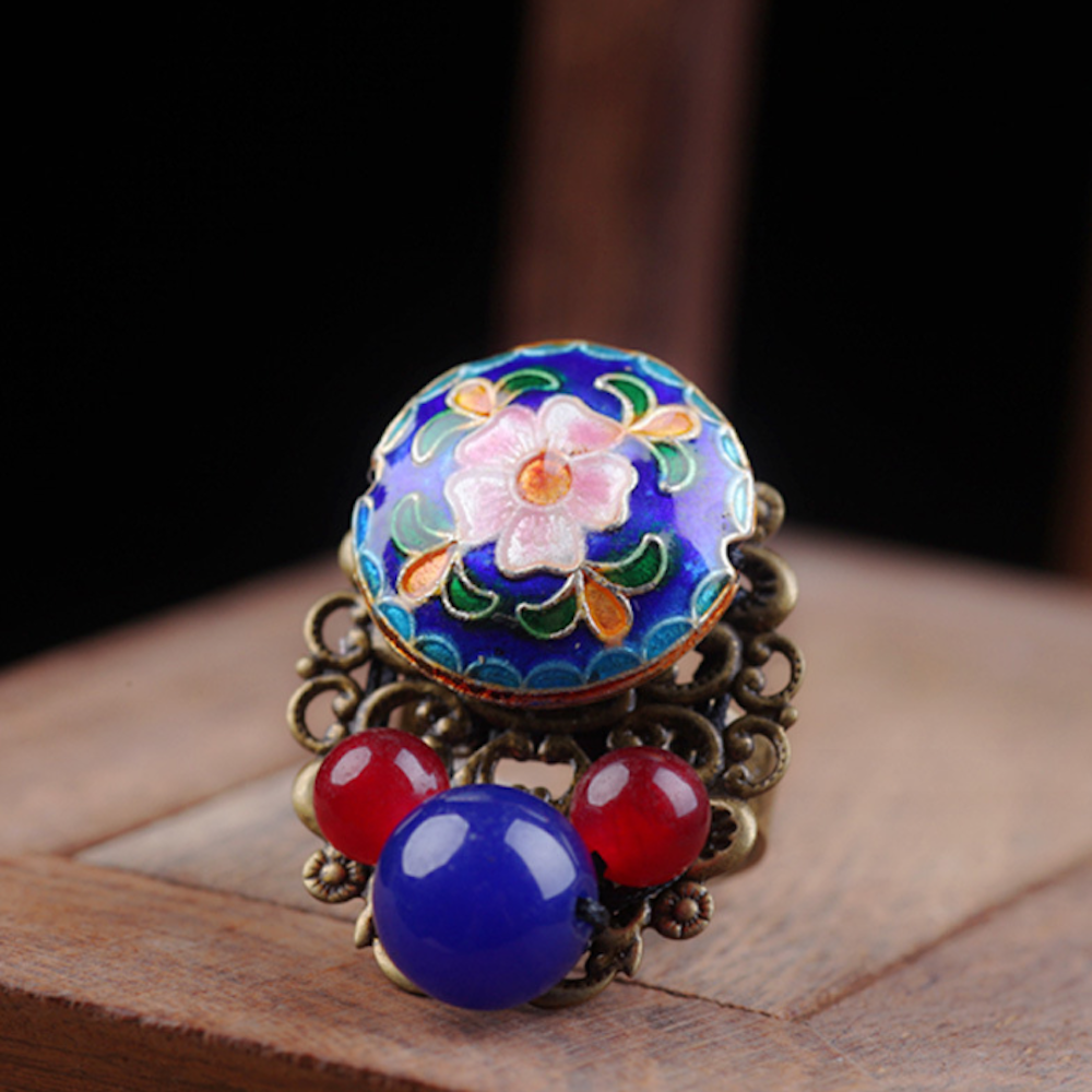Vintage Ring Blue / Green Flower Ring Jade Ring Palace Ring - Zealer