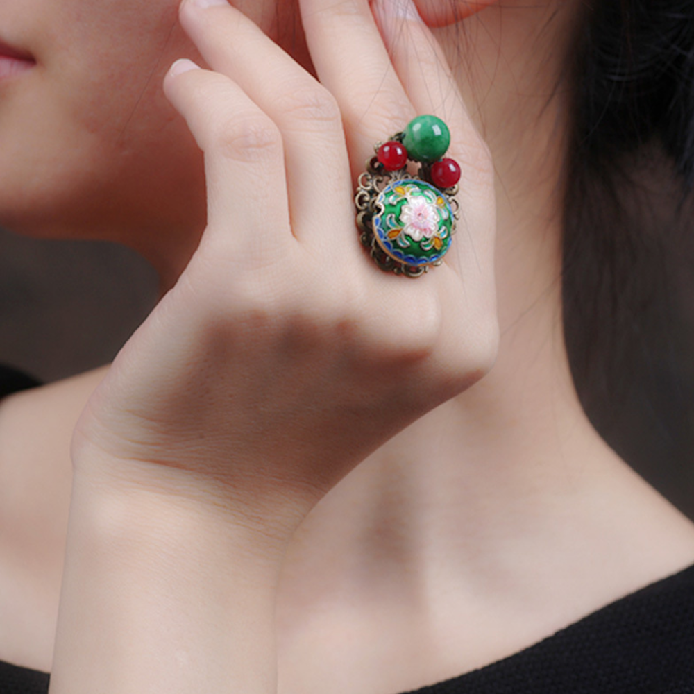 Vintage Ring Blue / Green Flower Ring Jade Ring Palace Ring - Zealer